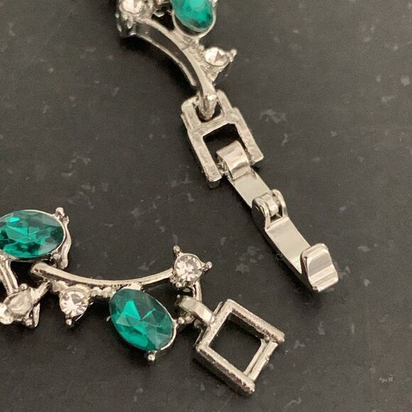 Green Gemstone Vine & Leaf Bridal Bracelet with CZ Crystals in Silver Tone Metal - Picture 7 of 11